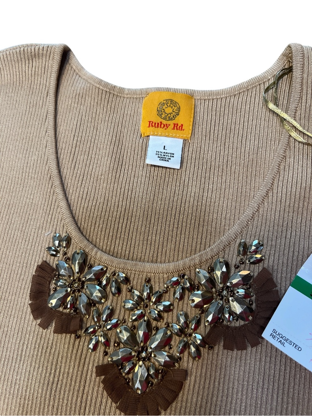 Ruby Rd. Beige Ribbed Tank with Jeweled Neckline - Picture 3 of 7